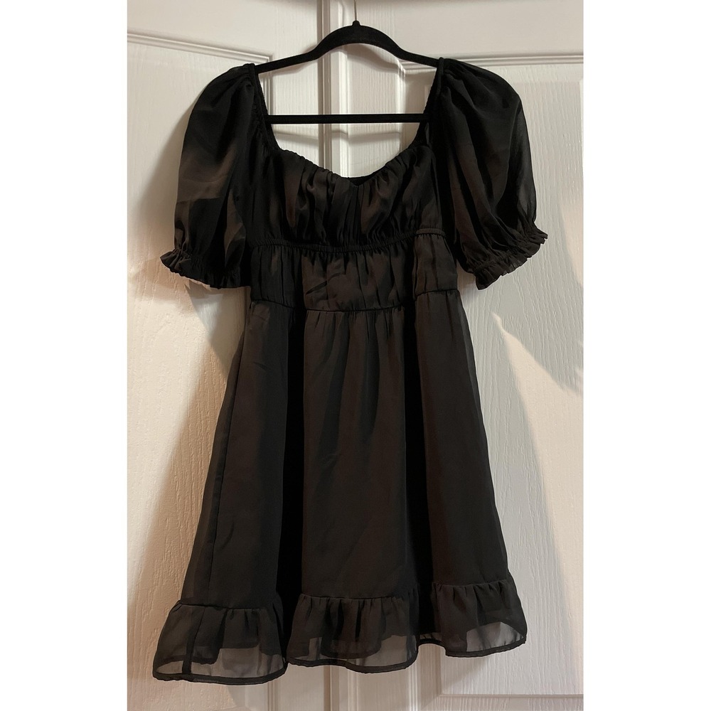 Hollister Dress Womens XS Black Puff Sleeve Smocked Babydoll Mini Ruffle Hem